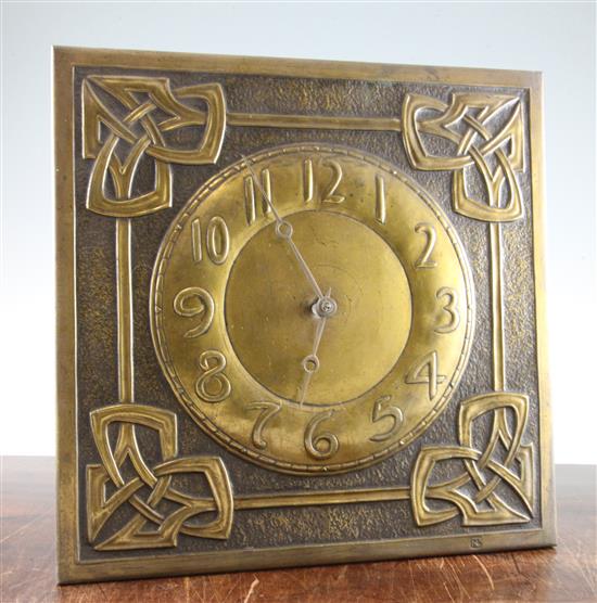 Margaret Gilmour (1860-1942). A Scottish Arts & Crafts brass wag at the wa wall clock, 14.75in.